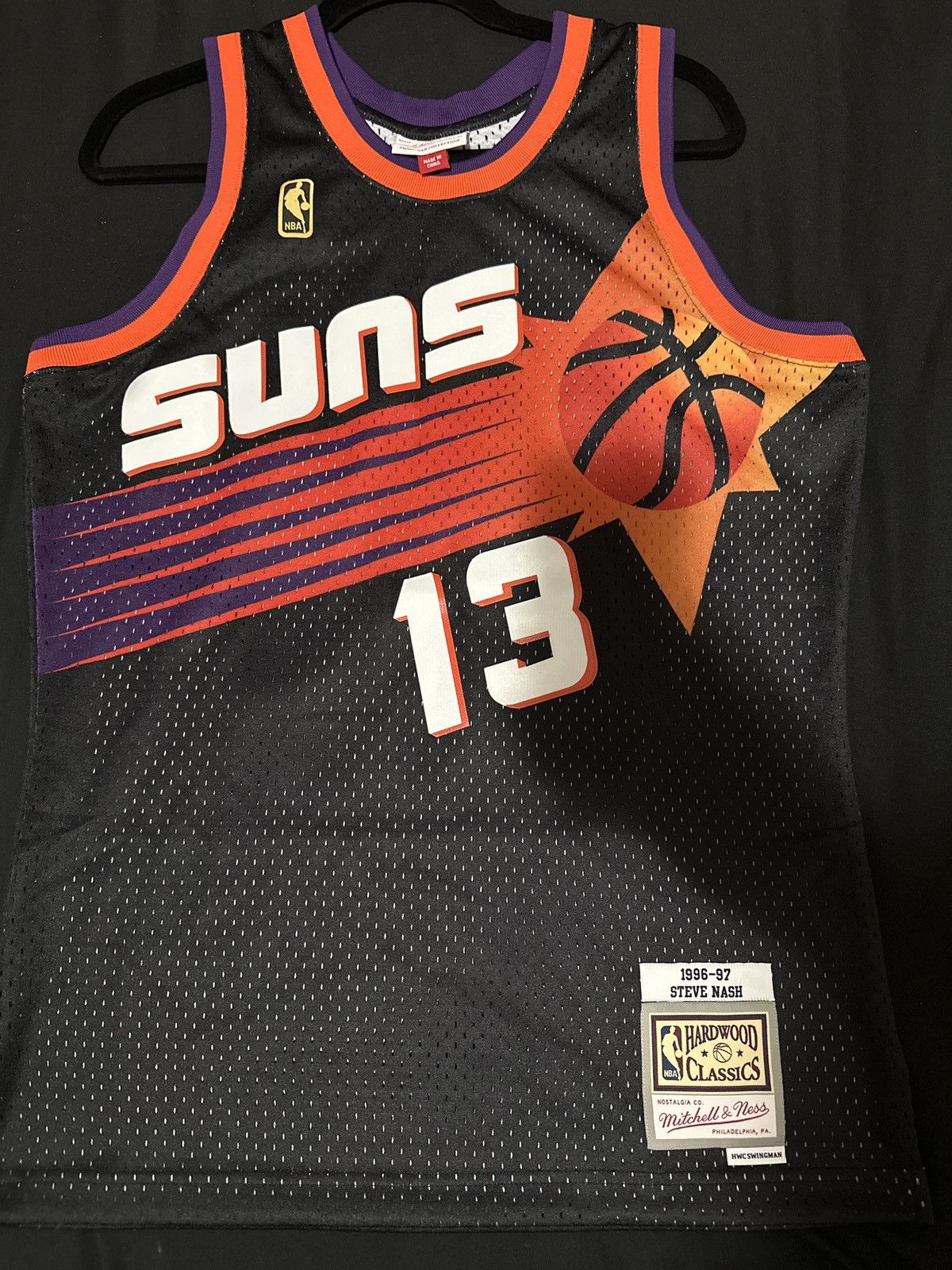 image of Mitchell Ness Steve Nash Jersey Mitchell & Ness 1996-1997 in Black/Purple, Men's (Size Medium)