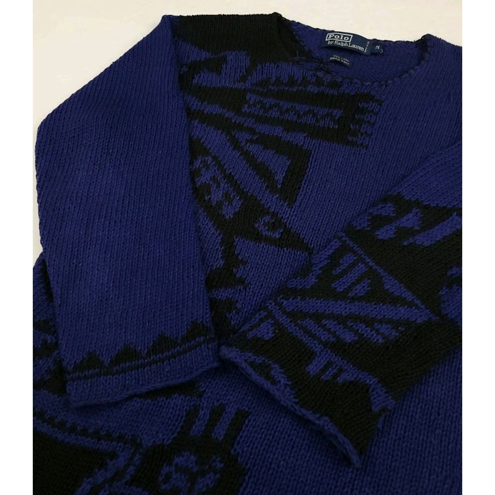 Polo Ralph Lauren VINTAGE Polo Ralph Lauren Sweater Mens M Blue Linen Hand Knit Tribal Native Abstract Rare Size US M / EU 48-50 / 2 - 3 Thumbnail