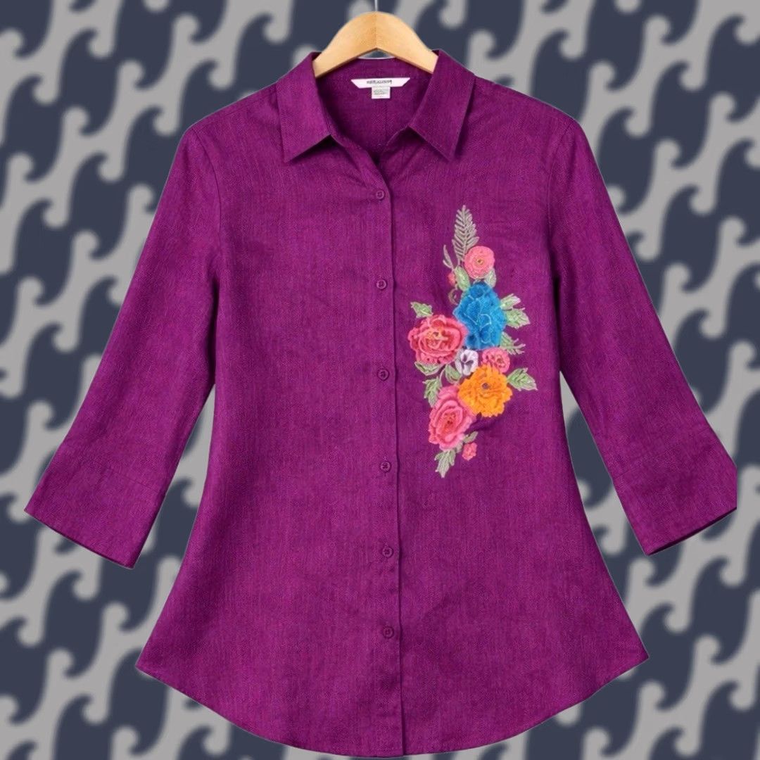 Vintage Nygard Button Shirt Women 10 Linen Blend Magenta Floral Embroidered Collared Long Sleeve Shirt Size L / US 10 / IT 46 - 1 Thumbnail