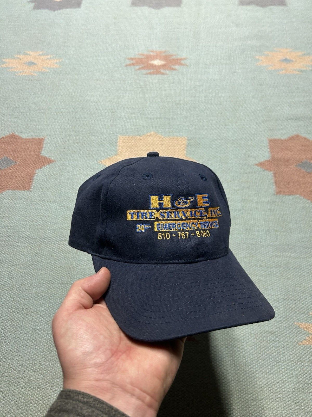 Vintage Vtg SnapBack hat H&E tire service flint Michigan blue yellow Size ONE SIZE - 1 Thumbnail