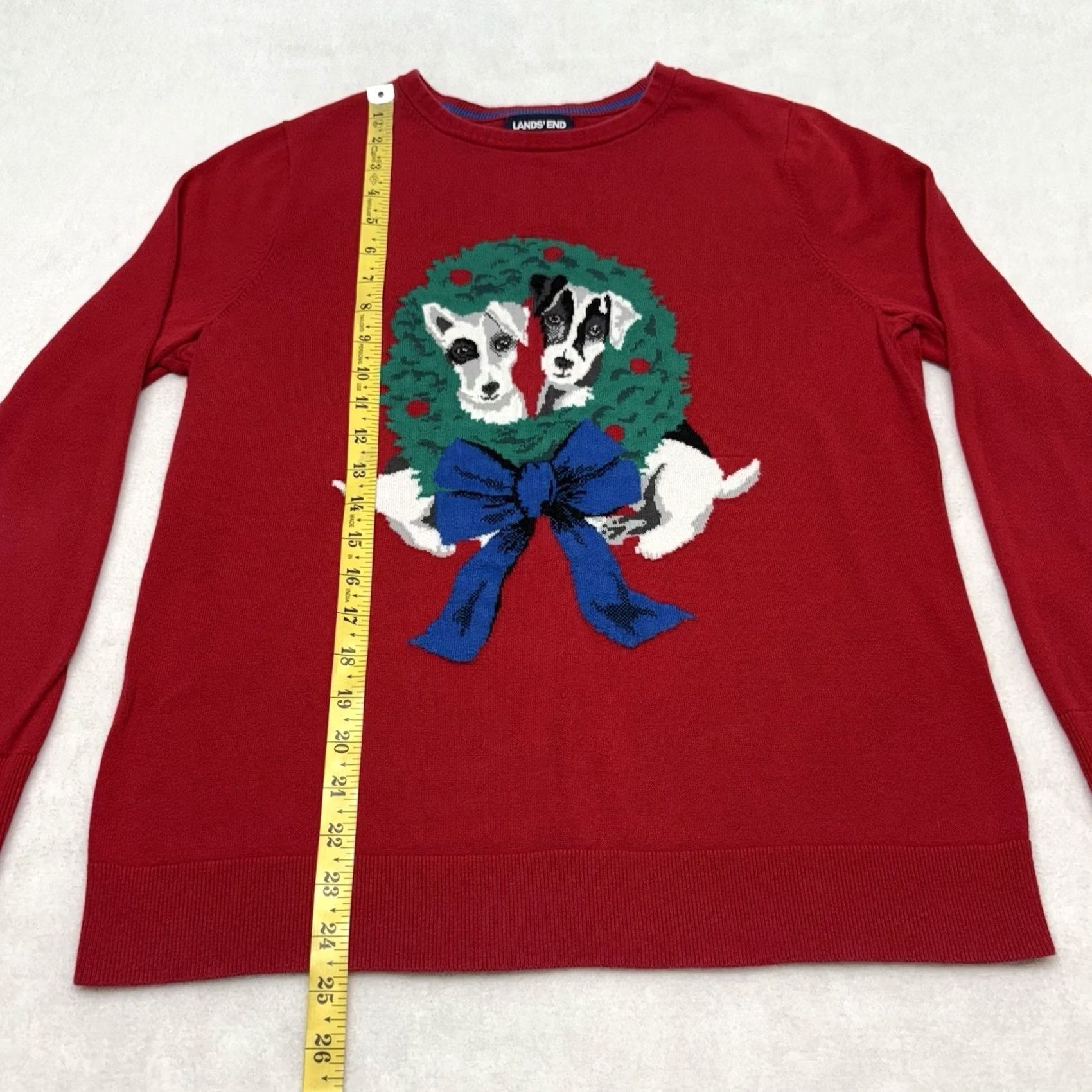 Lands' End Lands' End Red Christmas Sweater Women’s Size L with Dogs Wreath Christmas Party Crew Neck Knit Pullover 100% Cotton Regular Fit Size L / US 10 / IT 46 - 8 Thumbnail