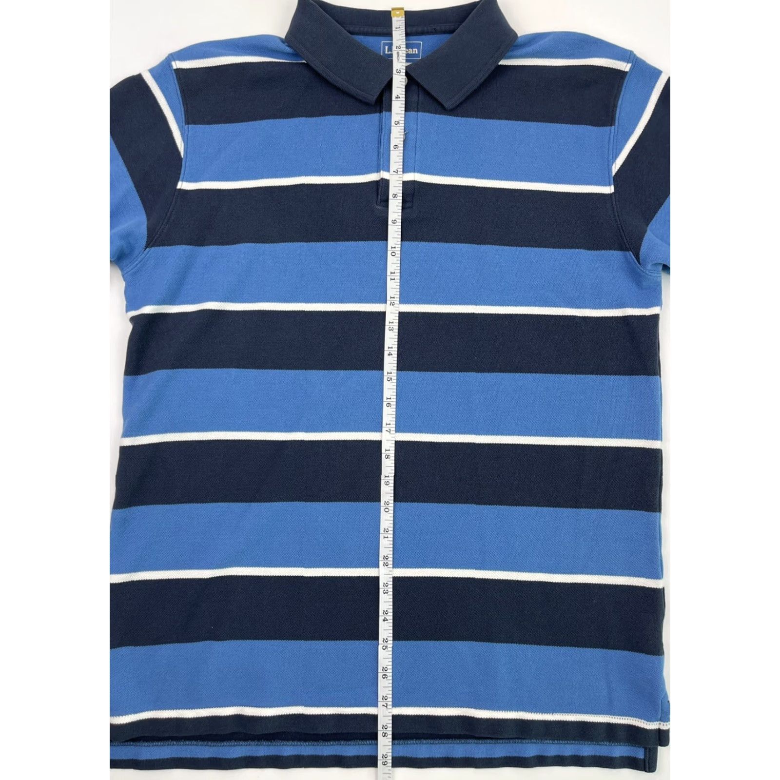 Vintage LL Bean Polo Shirt Men’s Short Sleeve Striped Cotton Button-Front Casual Regular Size M Navy Light Blue White 90s USA Mens Size US M / EU 48-50 / 2 - 7 Thumbnail