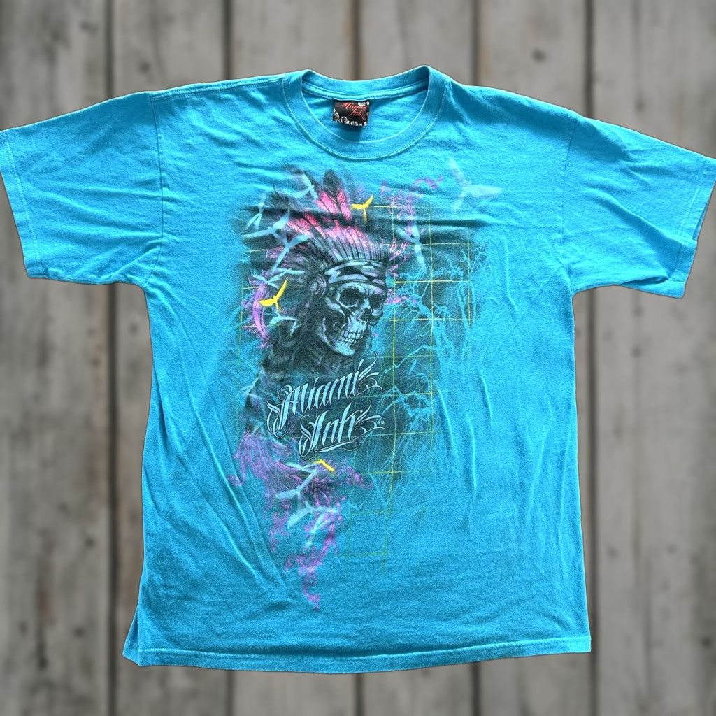 Vintage VINTAGE Miami Ink Shirt Mens Large Blue Skull Headdress Tattoo Art Tee 2008 Size US L / EU 52-54 / 3 - 1 Thumbnail