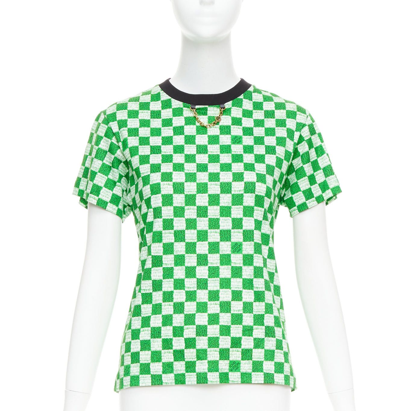 Louis Vuitton LOUIS VUITTON Damier green white cotton LV print chain detail tshirt XS Size S / US 4 / IT 40 - 1 Thumbnail
