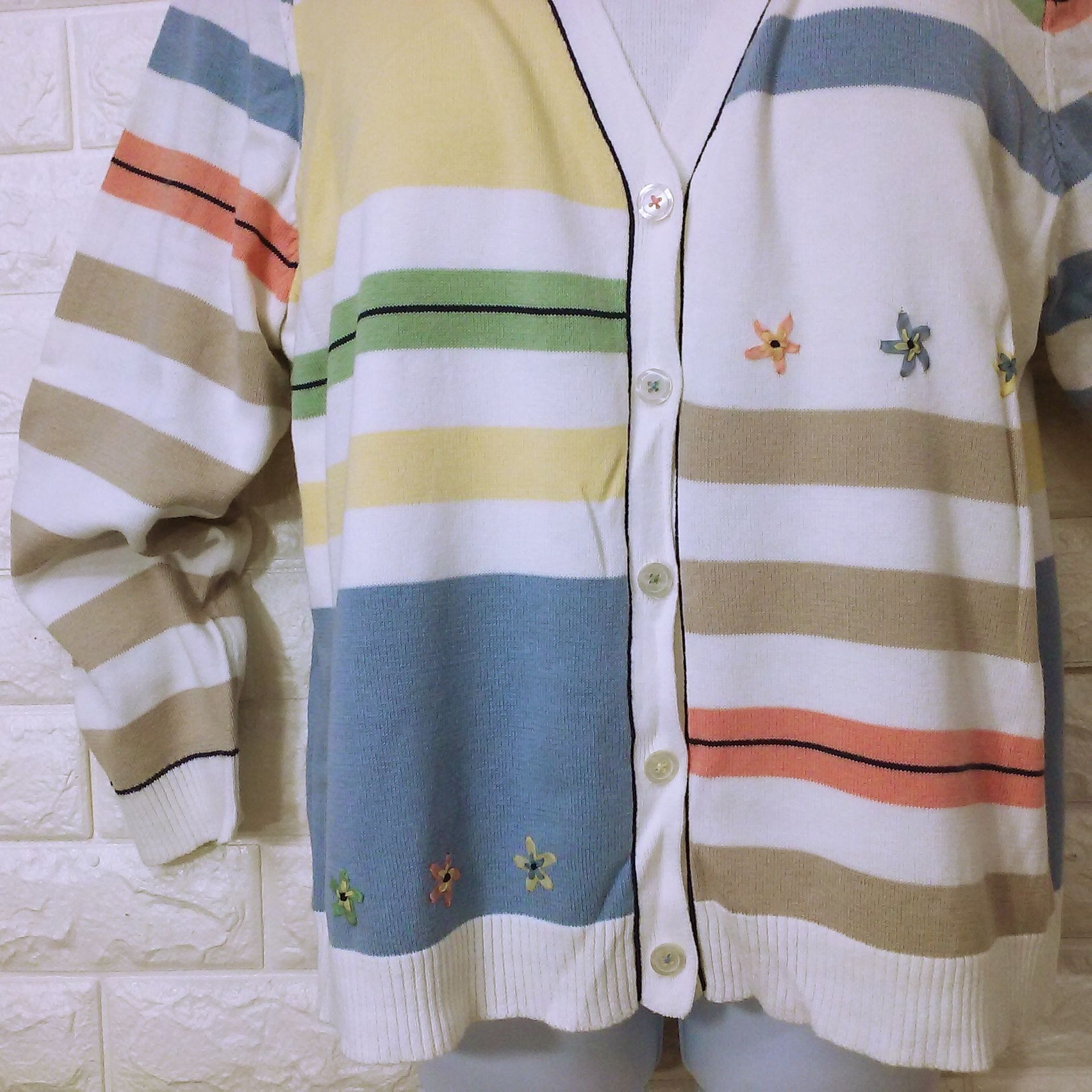 Vintage 90s Koret Knit Cardigan Top Novelty Sweater Striped Classic Size L / US 10 / IT 46 - 2 Preview