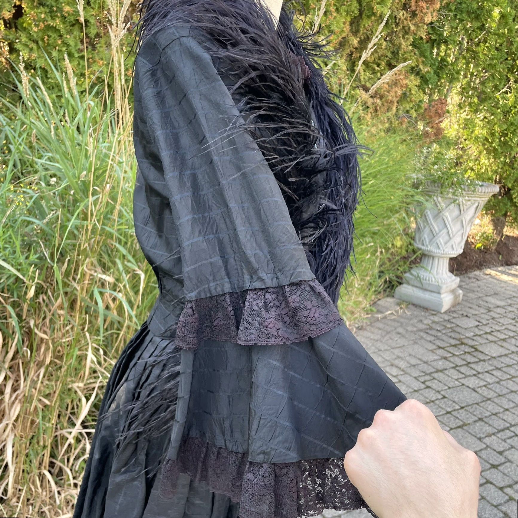 Vintage VINTAGE Antique Silk Mourning Dress Black Gown Lace Victorian Bustle Ostrich Feather VTG Gothic PS Black Mens? Size S / US 4 / IT 40 - 5 Thumbnail