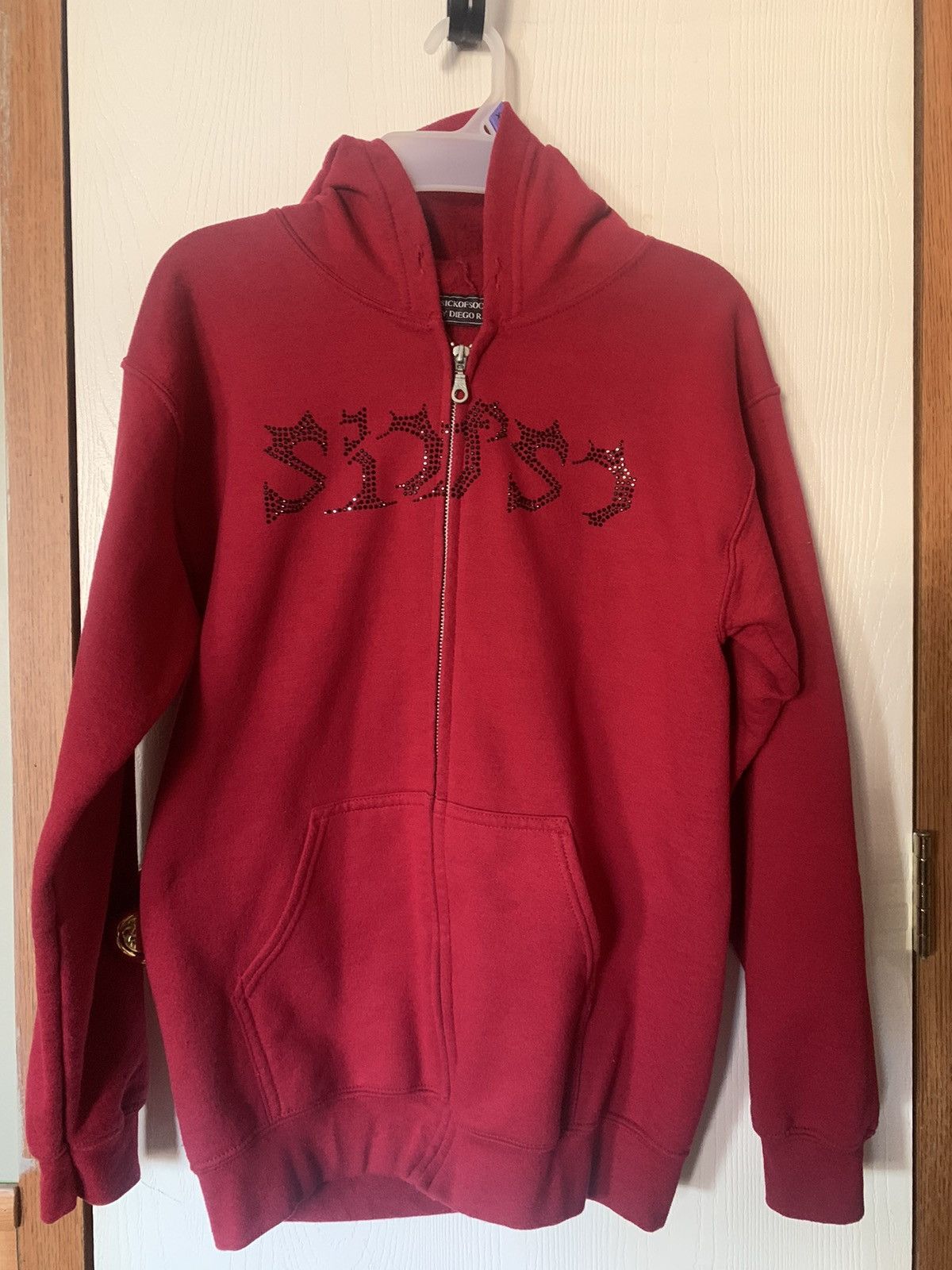 image of Red Sick Of Society Rhinestone Hoodie, Men's (Size Small)