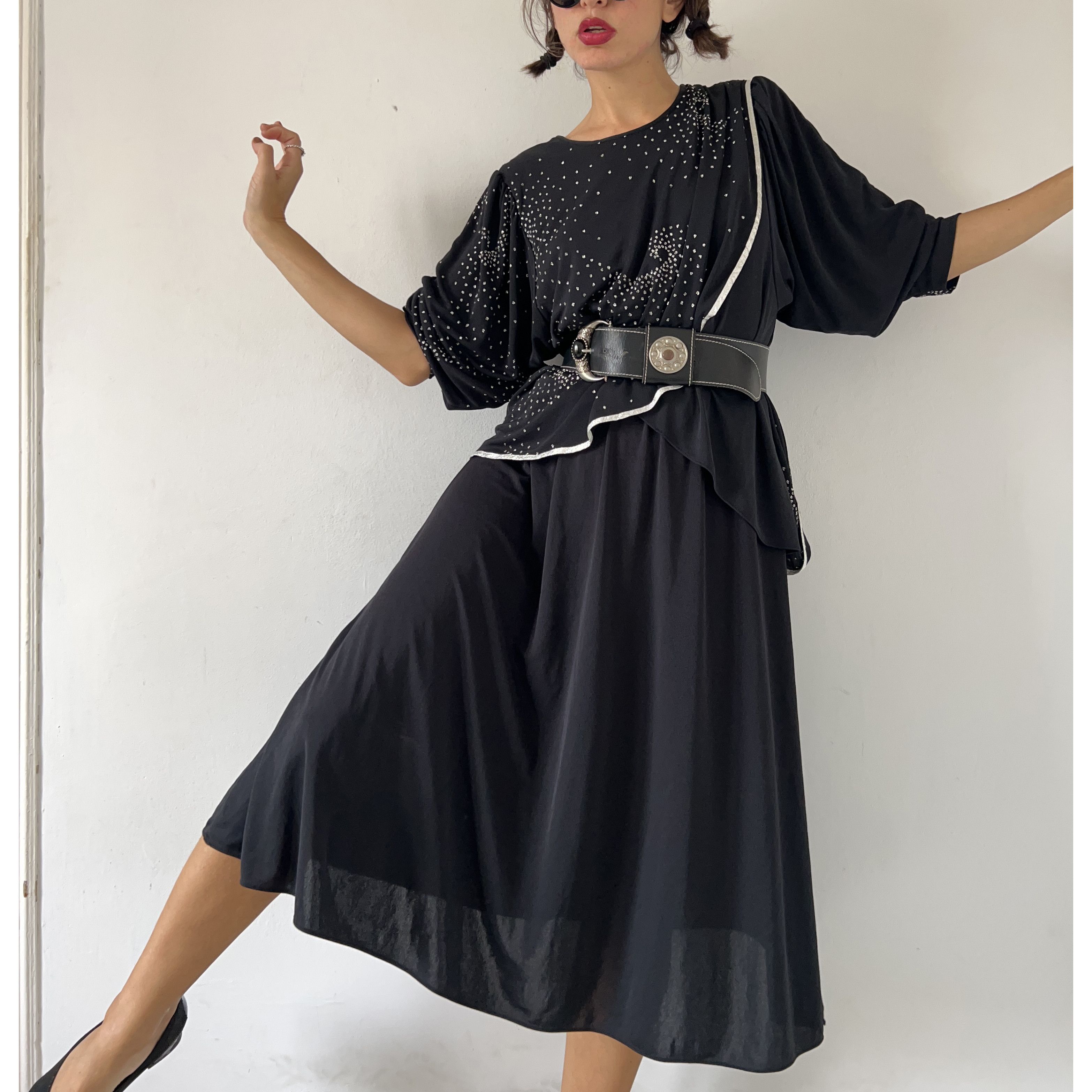 Vintage Vintage 80s Black Rhinestone Asymmetrical Midi Dress Size M / US 6-8 / IT 42-44 - 1 Thumbnail