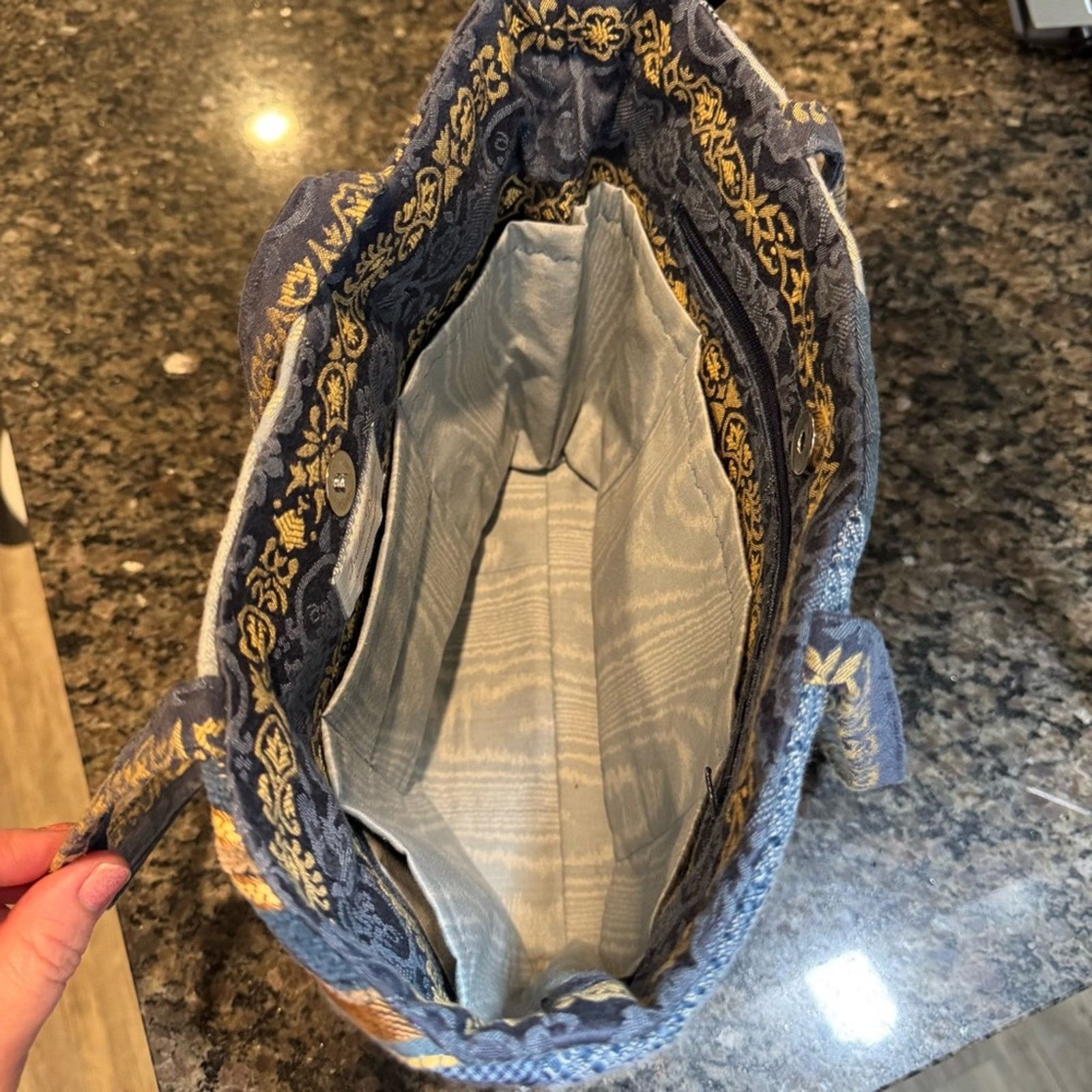 Handmade Handcrafted Blue Quilted Tote Purse Patchwork Footed Pockets Size ONE SIZE - 6 Thumbnail