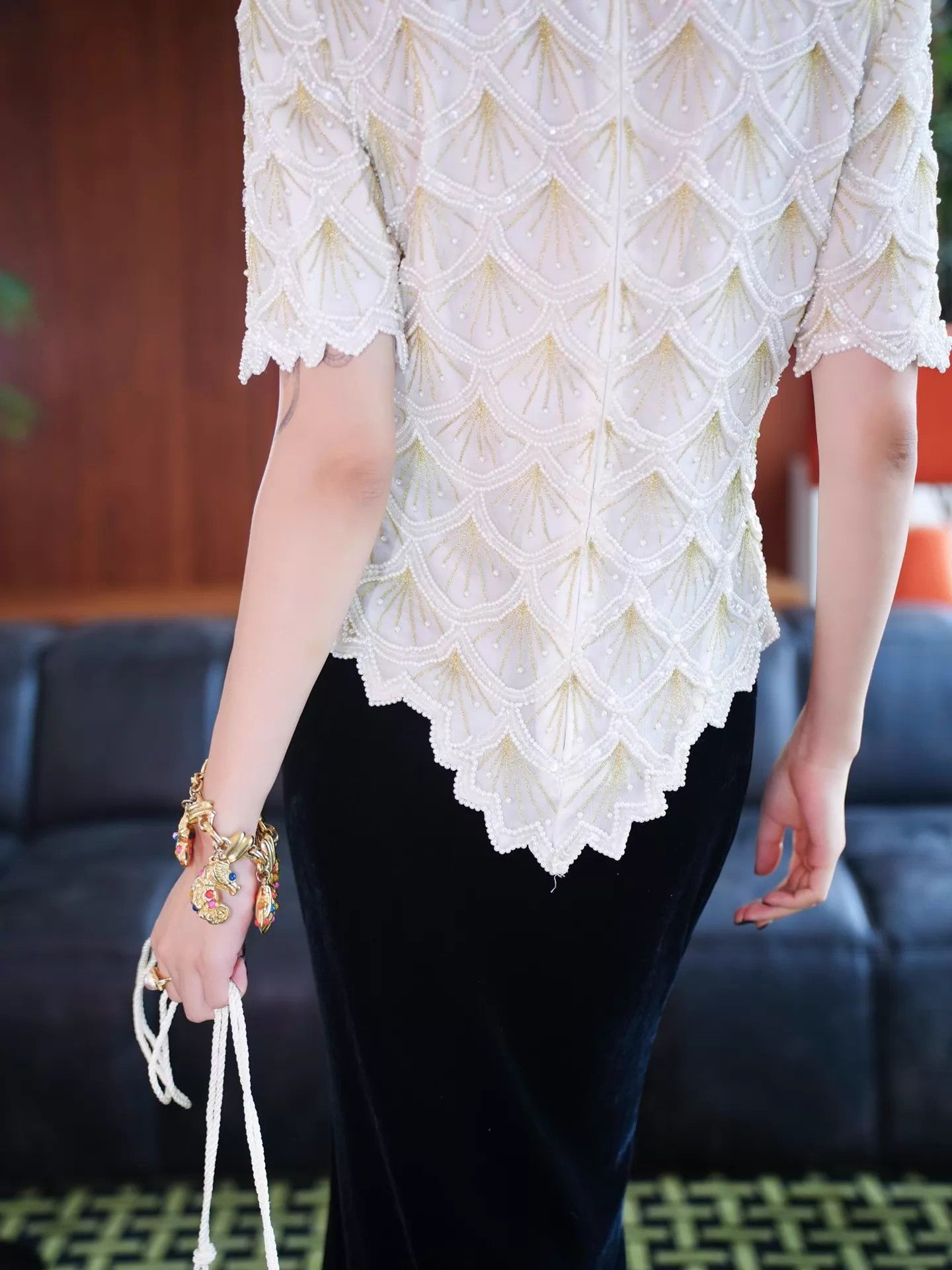 Other US Vintage Art Deco White Gold Geo Beaded Short Sleeve Top Size L / US 10 / IT 46 - 8 Thumbnail