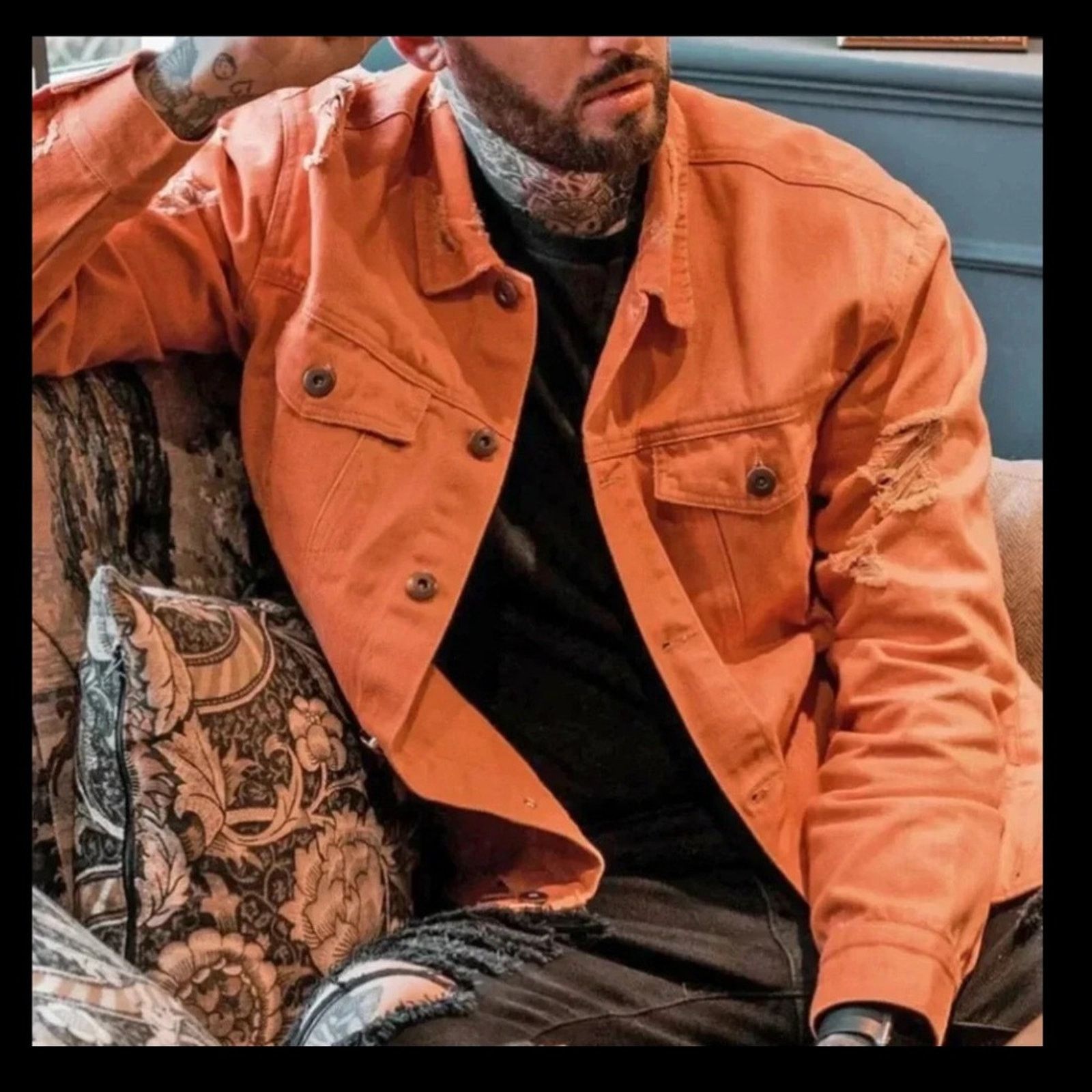 Fashion Nova Novamen Men's Orange Denim Jacket Size US M / EU 48-50 / 2 - 1 Thumbnail