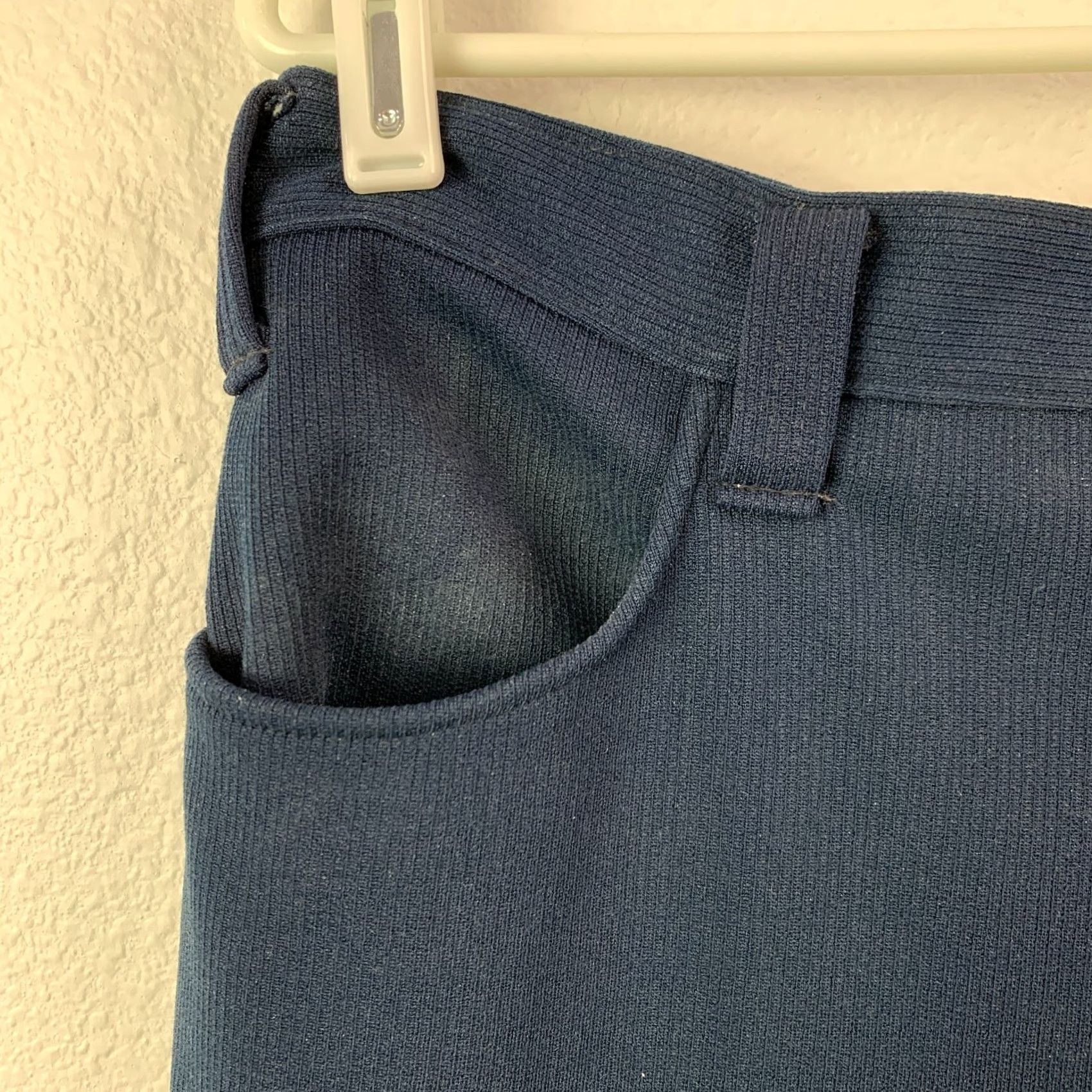 Vintage VINTAGE 1970s Blue Polyester Press Free Trousers Bootcut Rib Pants Mens 35 x 31 Size US 35 - 3 Thumbnail