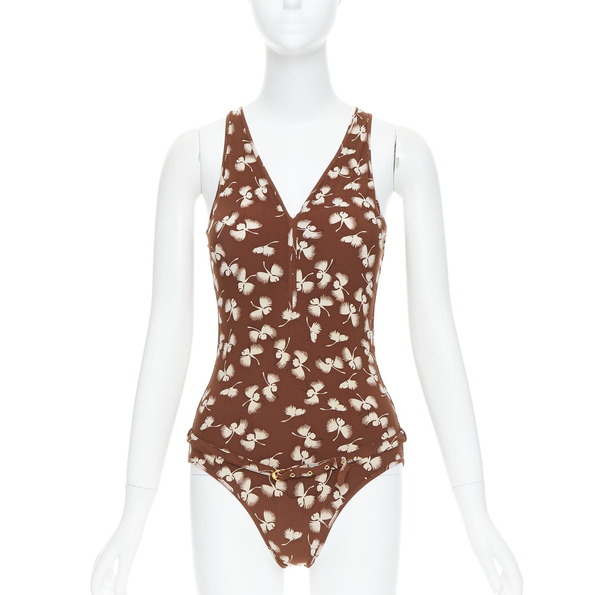 Gucci GUCCI Vintage brown cream floral print belted one piece swimsuit Size 26" / US 2 / IT 38 - 1 Thumbnail