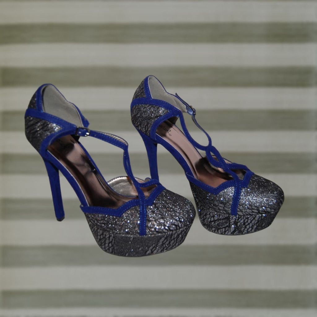 Vintage Womens Qupid Stilettos Silver Black Royal Blue Velvet Platform Stiletto 5.5″ The 8.5 Heel Shoes