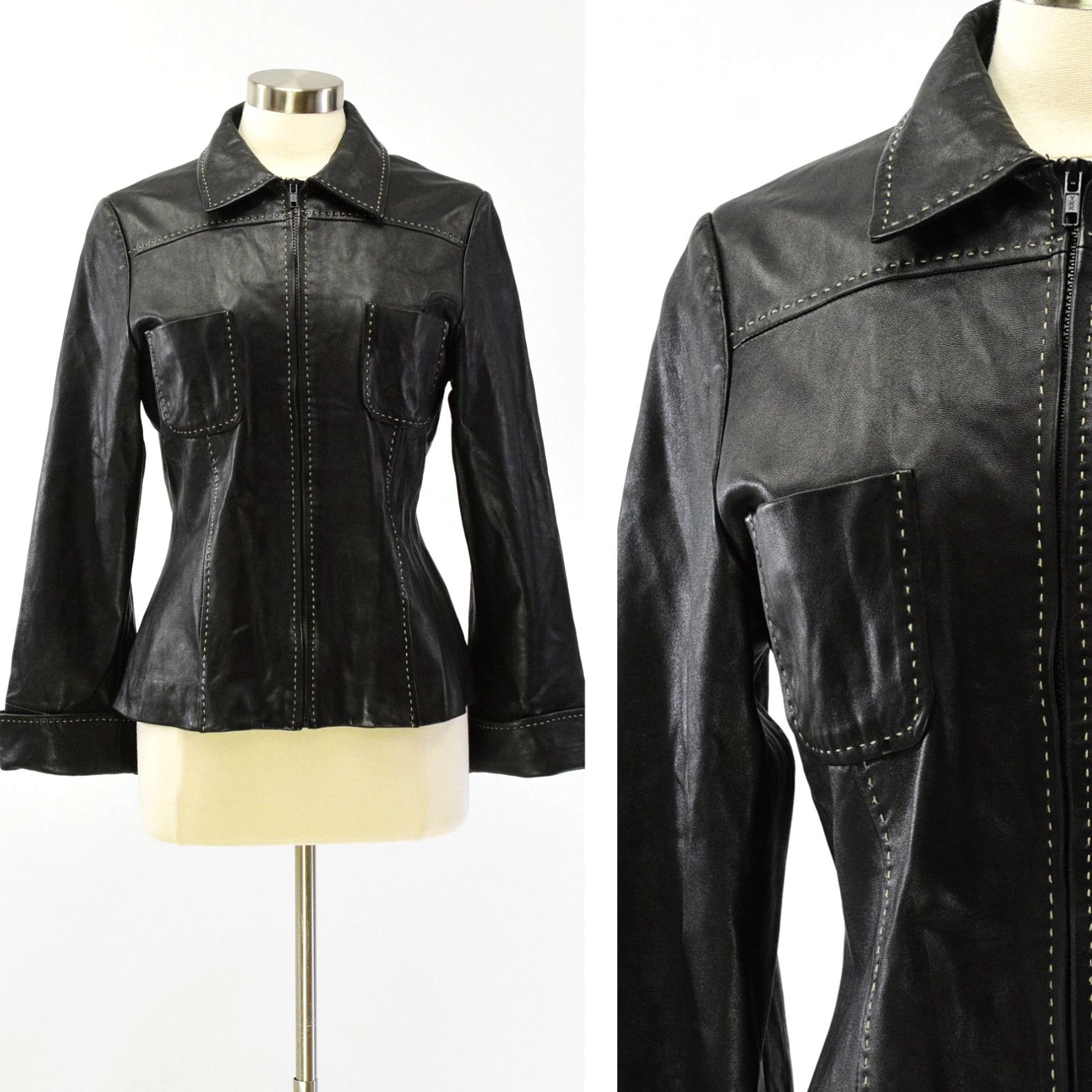 image of Women's Trina Turk Soft Black Leather Jacket Size M in White