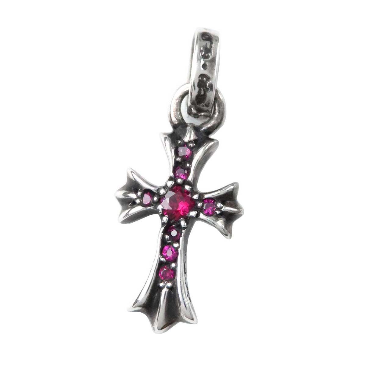 Pre-owned Chrome Hearts Pave Ruby Baby Fat Cross Pendant In Silver