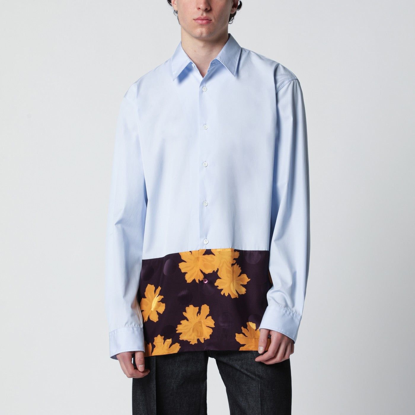 Dries Van Noten Dries Van Noten Light Blue Shirt With Floral Insert Size US L / EU 52-54 / 3 - 1 Thumbnail