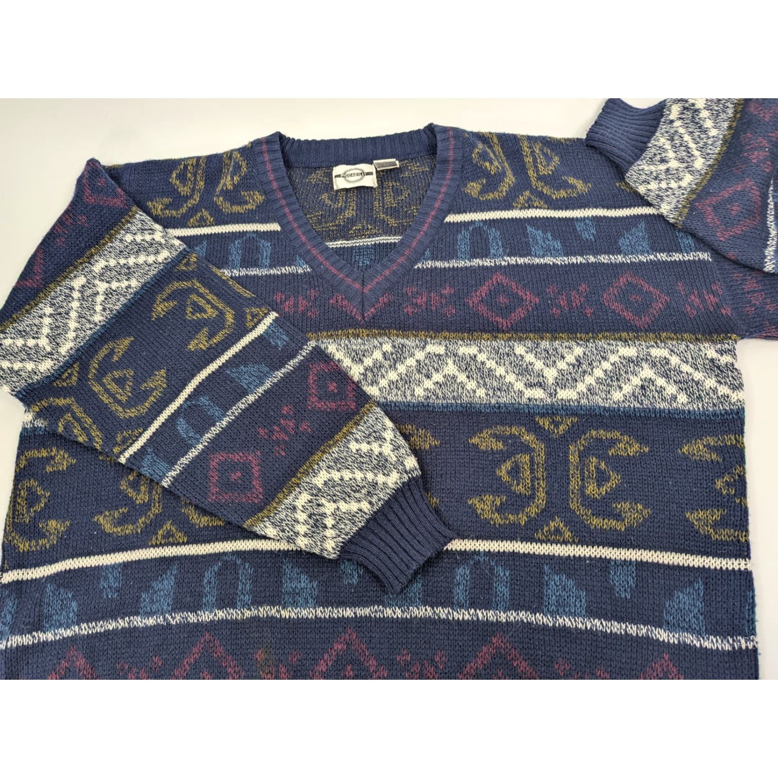 Vintage VINTAGE Piccadilly Mens XLT Navy Geometric Crew Neck Sweater 80s Big & Tall Pullover Knit Acrylic Size US XL / EU 56 / 4 - 2 Thumbnail