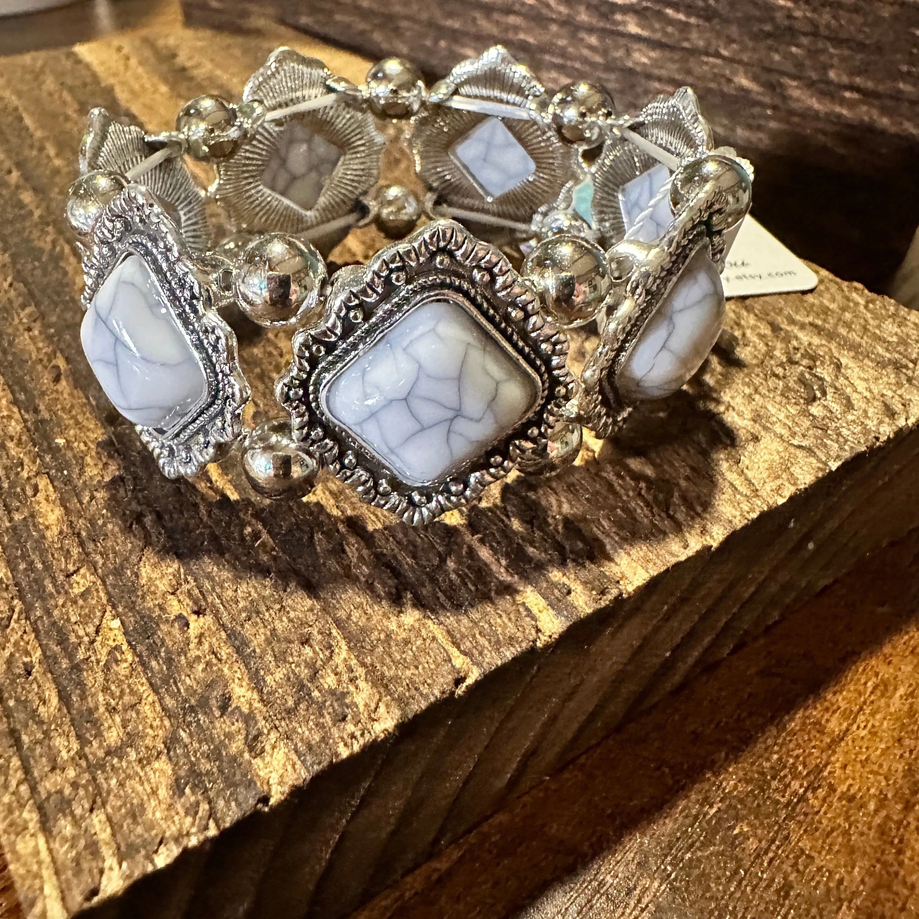 Other Handcrafted Boho White Stone Bangle, Stretch Bracelet Boho V Size ONE SIZE - 1 Thumbnail