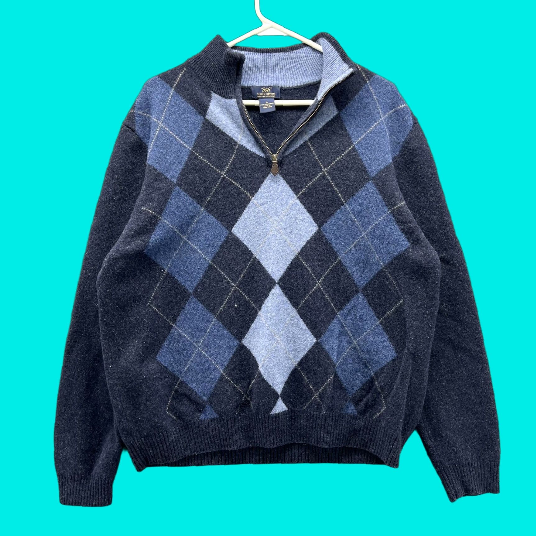 Brooks Brothers Brooks Brothers 346 Sweater Mens XL Blue Wool Argyle 1/4 Zip Mock Neck Pullover Size US XL / EU 56 / 4 - 1 Thumbnail