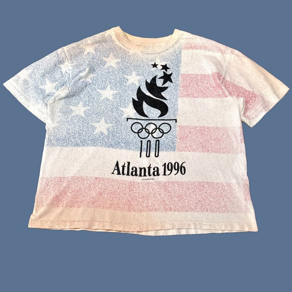 Hanes VINTAGE 1996 Atlanta Olympics T Shirt Hanes Beefy-T Mens Large White USA Flag Olympic Rings Retro Sports Patriotic 90s Size US L / EU 52-54 / 3 - 1 Thumbnail