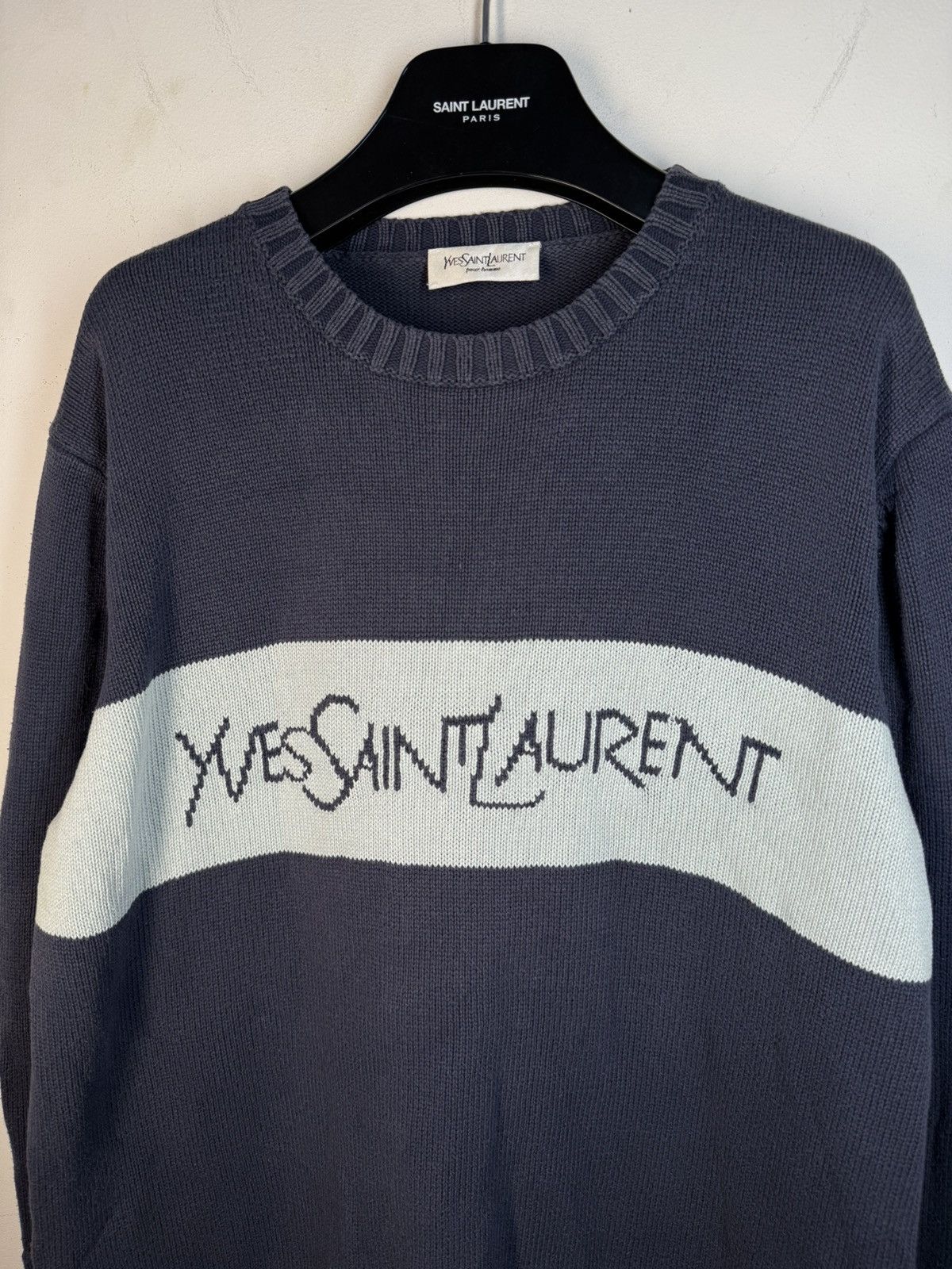 Yves Saint Laurent Royal Blue YSL Sweater Knit Big Logo Vintage Sweatshirt Rare Size US L / EU 52-54 / 3 - 18 Thumbnail