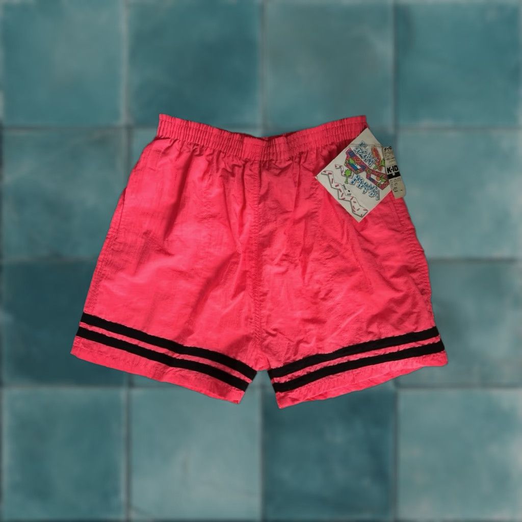 Vintage VINTAGE Surf Mania shorts Mens L Pink Nylon Neon 90s NWT Athletic 3.5” inseam Black stripes Side pockets Foldover back pocket 14” waist 15” rise Size US 33 - 1 Thumbnail