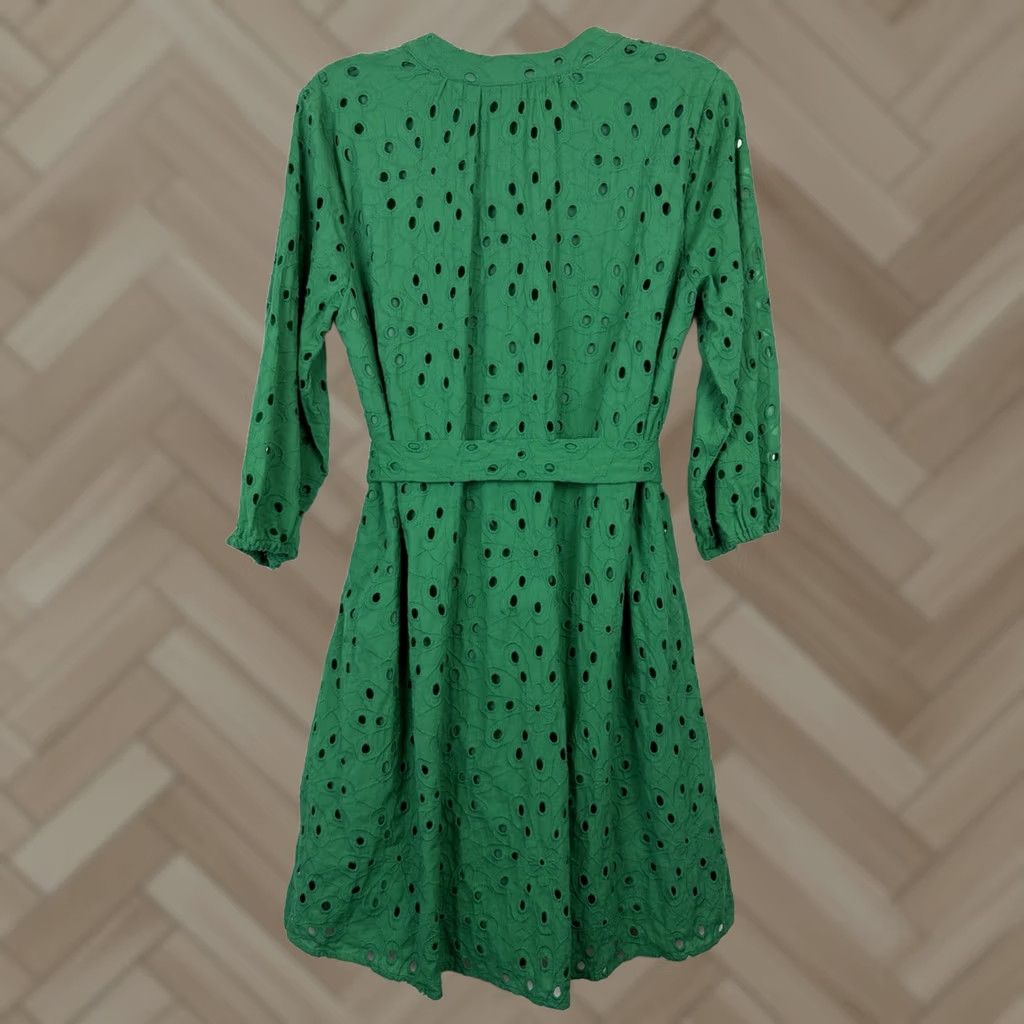 Vintage Kelly Green Eyelet Shift Dress Womens Large Lined Belted Short Sleeve Round Neck Knee Length Dress RN Studio Office Casual Career Size L / US 10 / IT 46 - 1 Thumbnail
