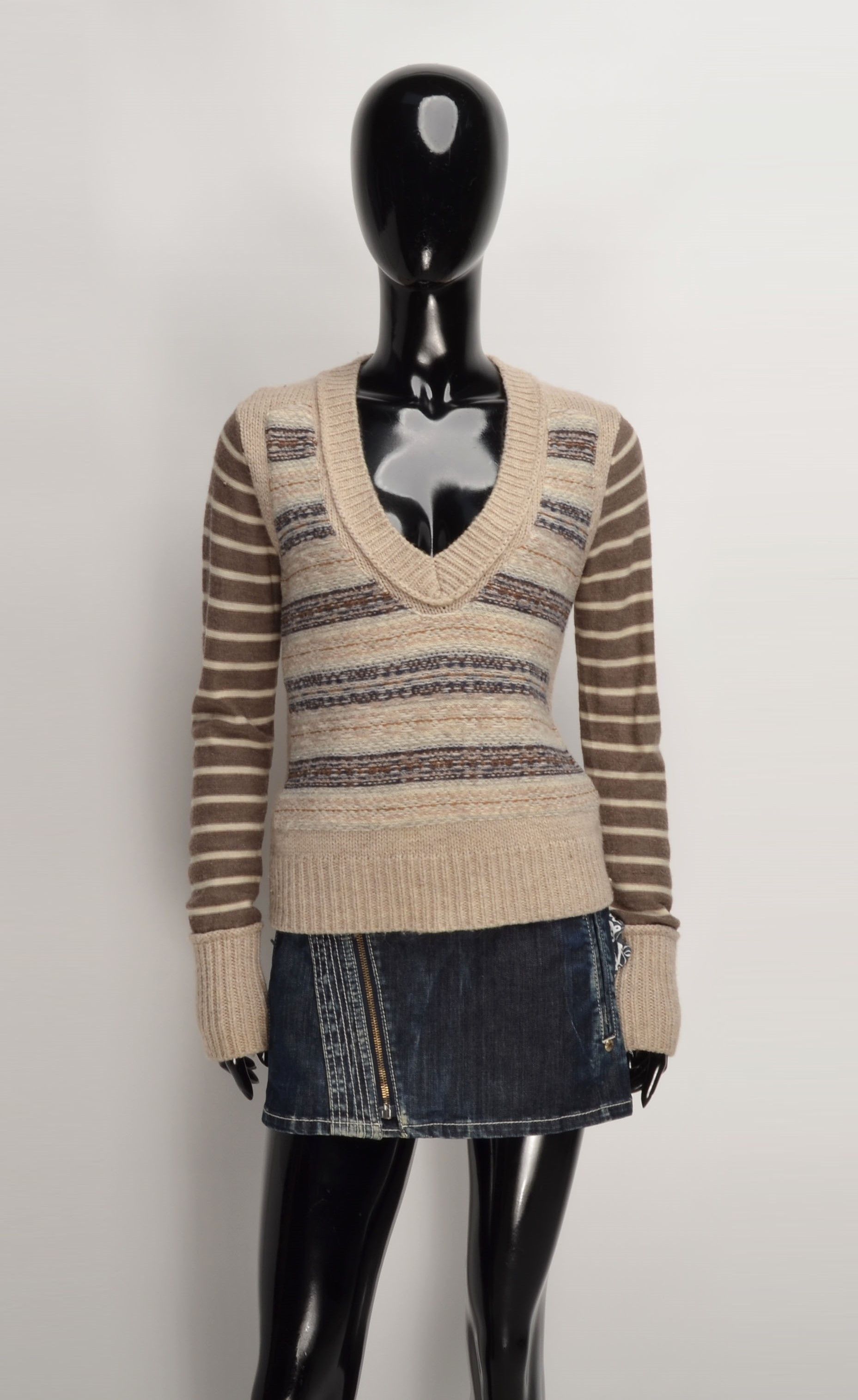 Designer × Tory Burch Tory Burch Striped Sleeves Wool Alpaca Blend B-Neck Sweater Size S / US 4 / IT 40 - 1 Thumbnail
