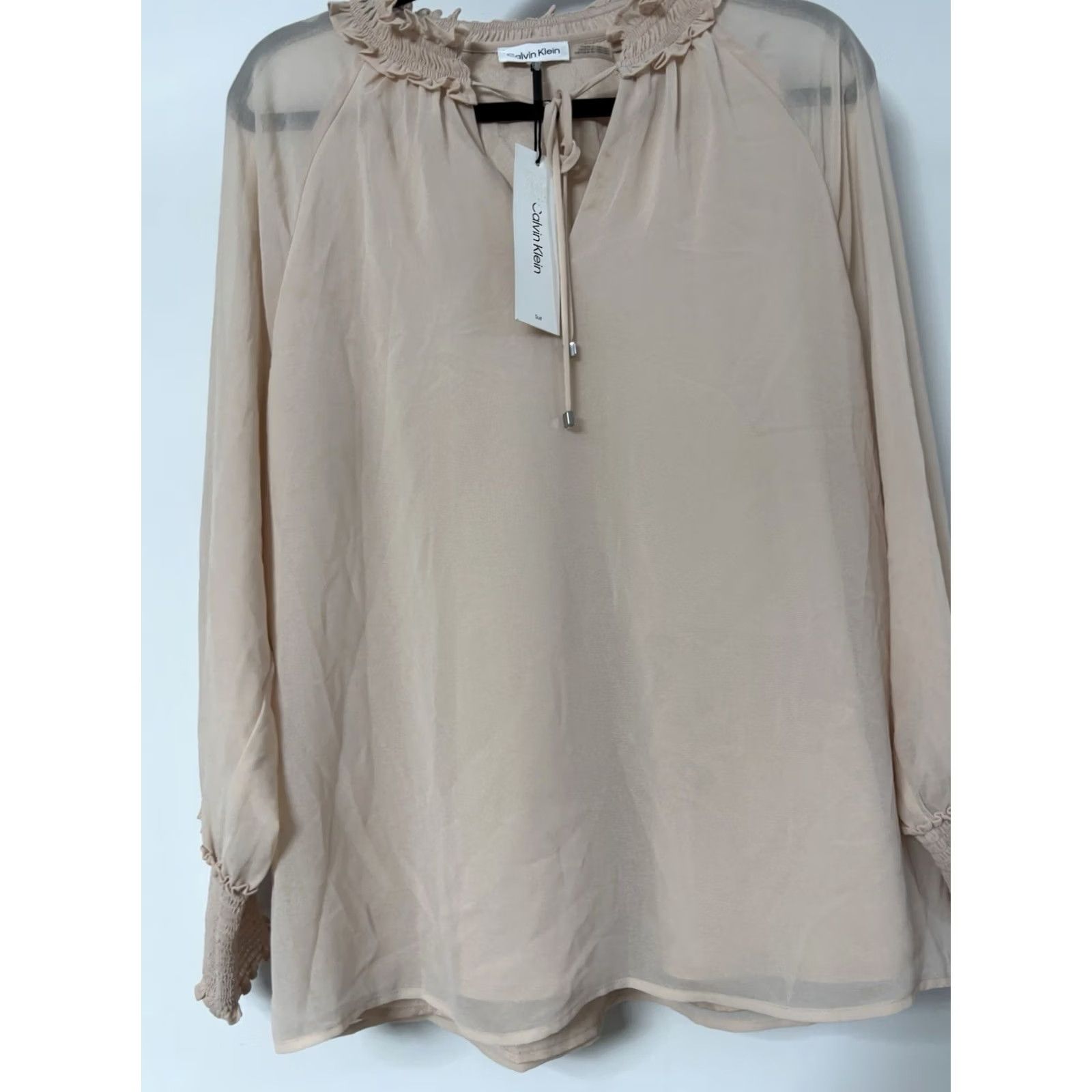 Calvin Klein Calvin Klein Blouse Shirt Women Beige Ruffle Neck Tie Long Sleeve Sheer Size M Size M / US 6-8 / IT 42-44 - 2 Thumbnail
