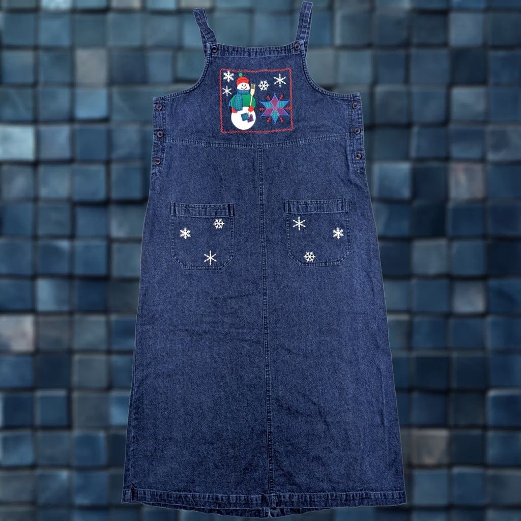 Vintage WESTBOUND VTG Denim Maxi Jumper Dress Women M Petite Blue Snowman Holiday Sequin? Wait Size M / US 6-8 / IT 42-44 - 1 Thumbnail