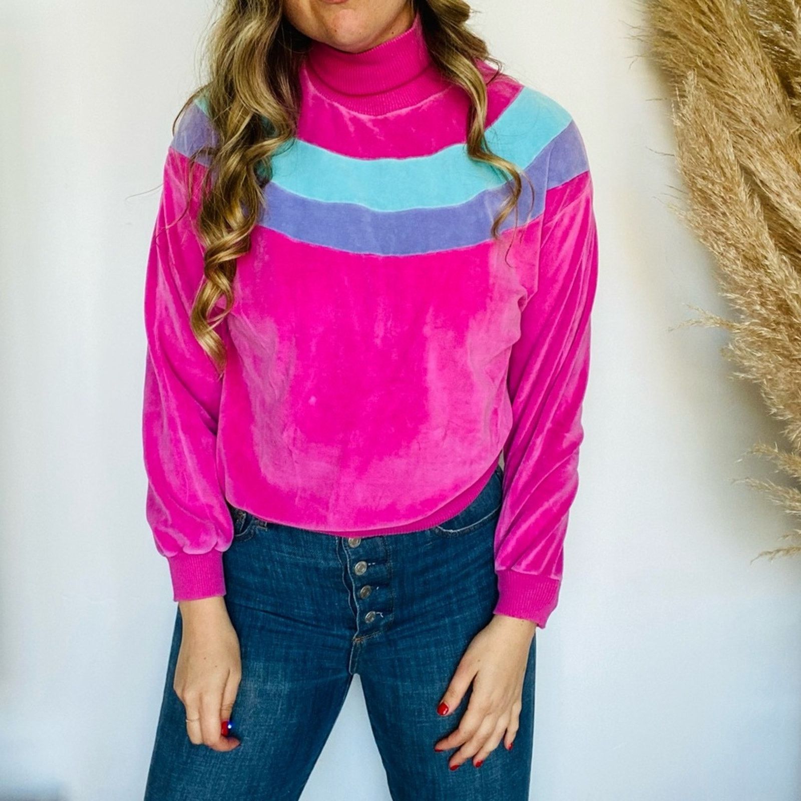 Vintage VINTAGE Fuchsia Stripe Velvet Turtleneck Pullover Sweater Size S / US 4 / IT 40 - 3 Thumbnail