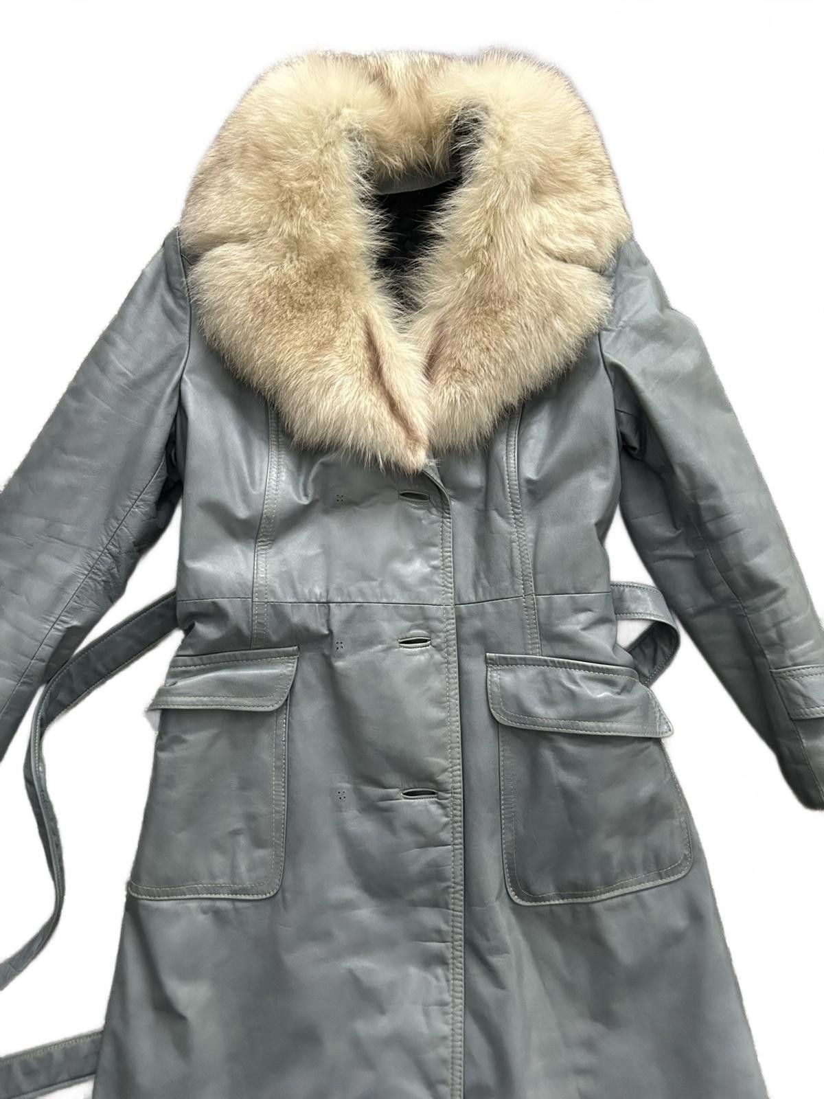Unknown London Women's Gray Leather Trench Coat with Real Fur Collar Size S / US 4 / IT 40 - 2 Thumbnail