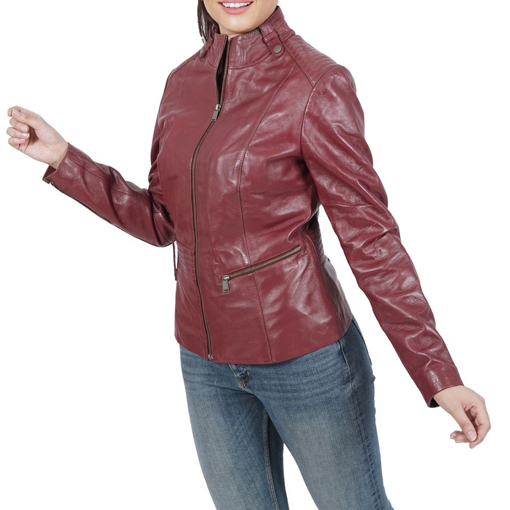 image of Genuine Leather Linda Burgundy Biker Leather Jacket in Burgandy, Women's (Size Medium)