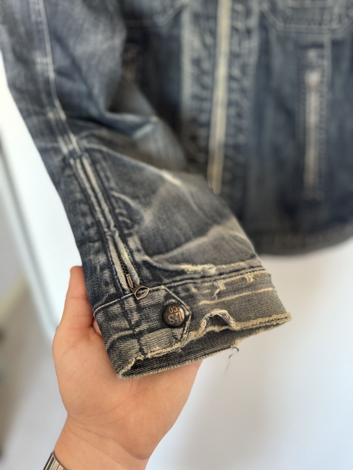 Levi's Levi’s Navy Washed Distressed Double Zip Biker Denim Jacket Size US XL / EU 56 / 4 - 11 Thumbnail