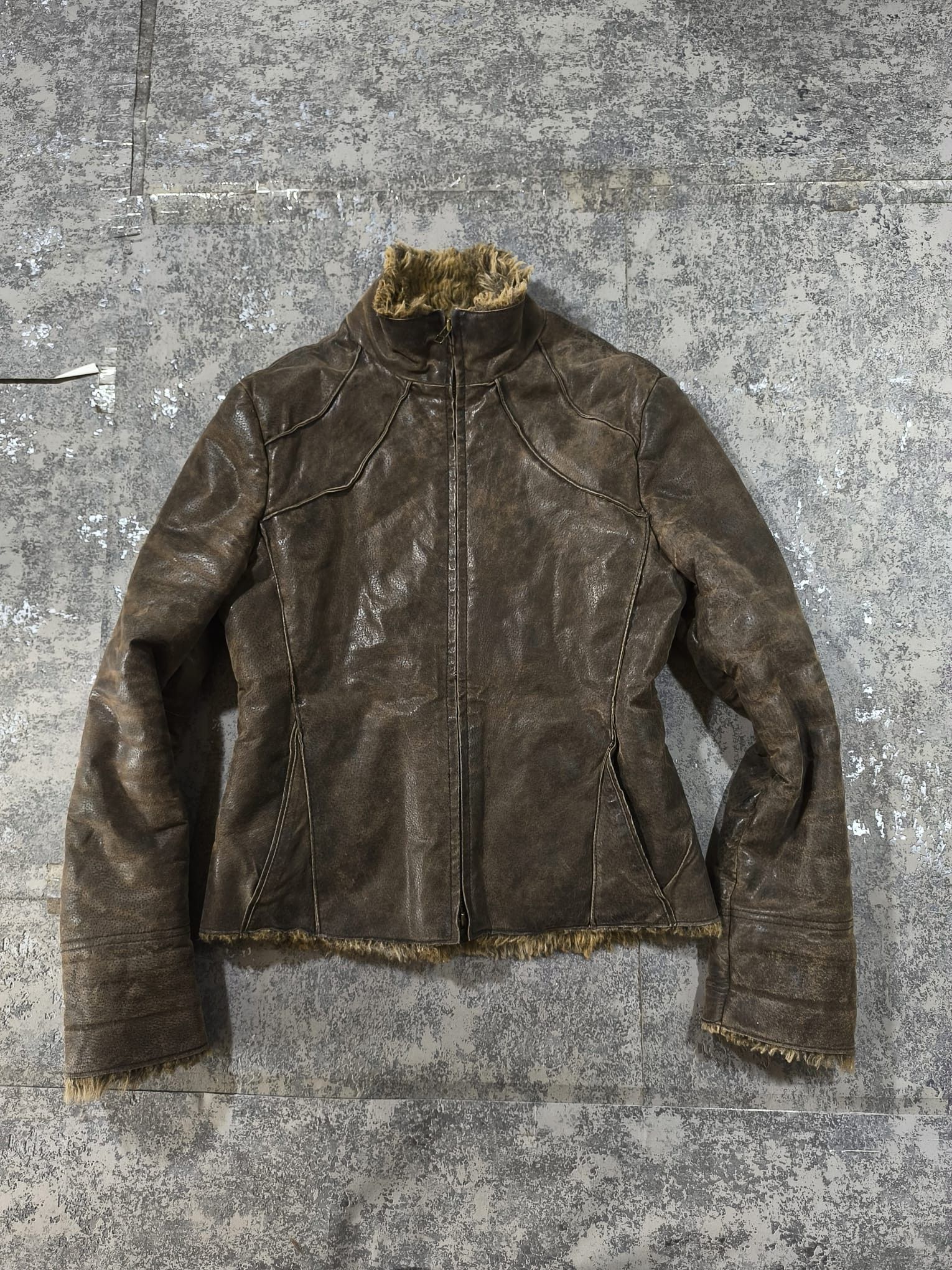 Genuine Leather moto highcollar distressed pigskin leather fauxfur jacket Size M / US 6-8 / IT 42-44 - 8 Thumbnail