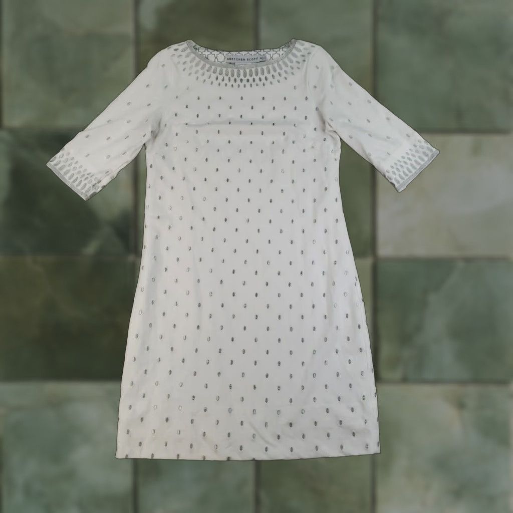 Vintage Gretchen Scott Rocket Girl Sheath Dress Womens M White Polka Dot 3/4 Sleeve Round Neck Pullover Embroidered Knee Length *Vintage: No* Size M / US 6-8 / IT 42-44 - 1 Thumbnail