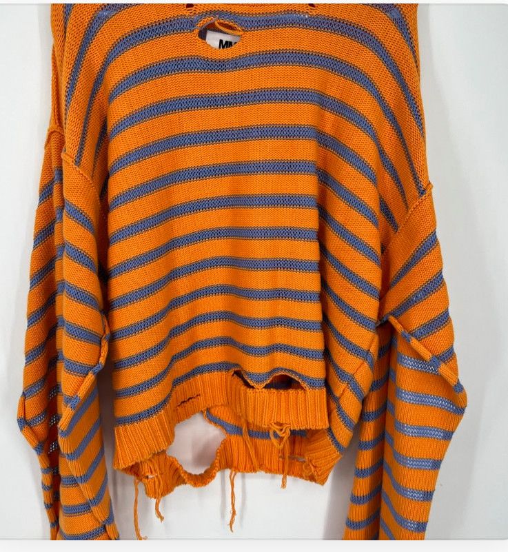 image of Mm6 Maison Margiela Ripped-Design Striped Jumper Size M in Orange, Men's