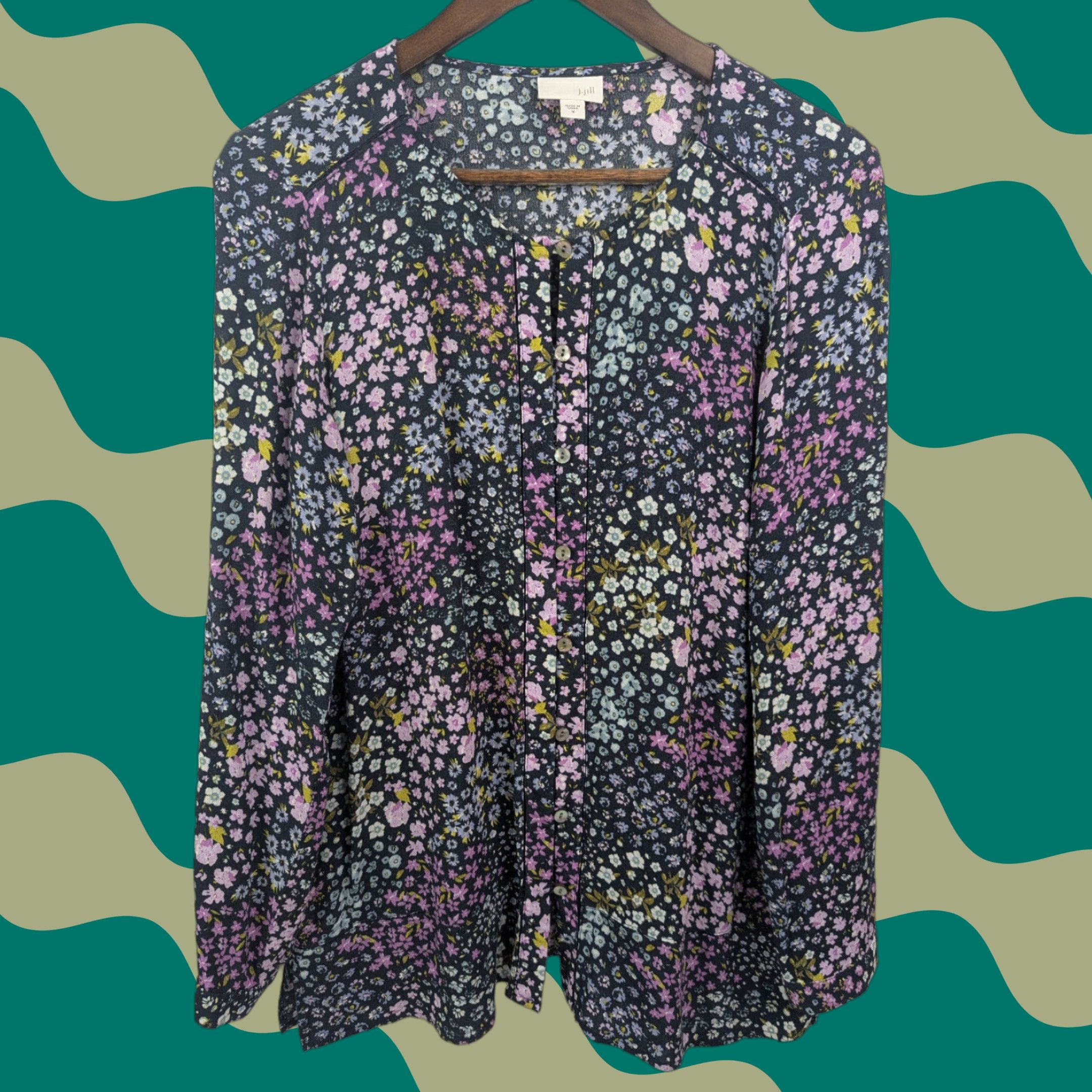 J. Jill J Jill Button Purple Floral Tunic Top Womens M Long Sleeve Boho Rayon Shirt Size M / US 6-8 / IT 42-44 - 1 Thumbnail