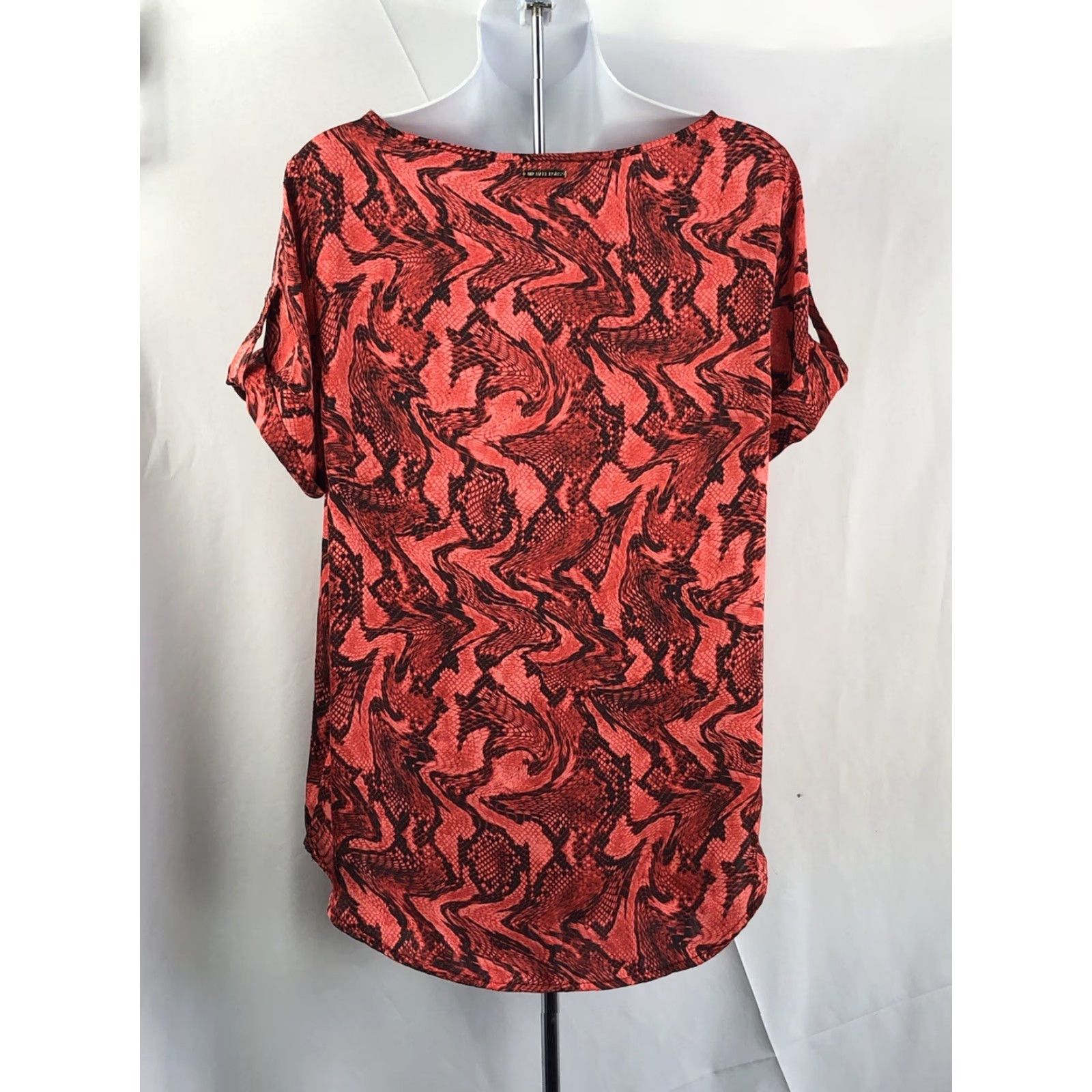 Michael Kors Michael Kors Satin Top Blouse M Orange Snake Print Roll Tab Short Sleeve Career Size M / US 6-8 / IT 42-44 - 6 Thumbnail