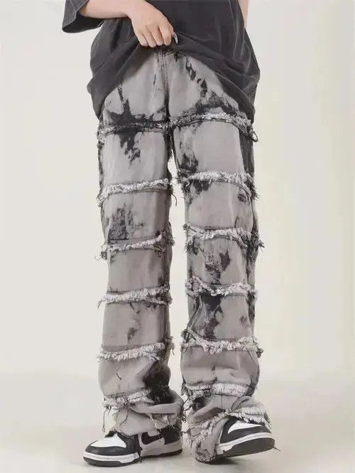 Jean Striped Tassel Frayed Straight Baggy Jeans Size US 32 / EU 48 - 1 Thumbnail