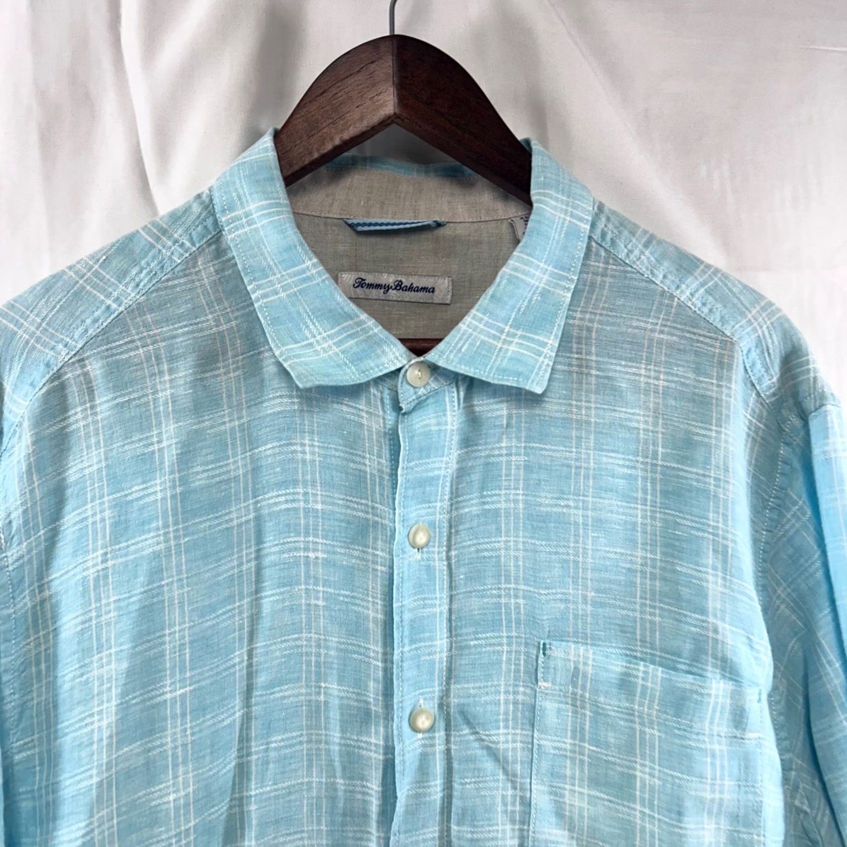 Tommy Bahama Tommy Bahama Shirt Mens XL Light Blue Linen Button Front Windowpane Check Size US XL / EU 56 / 4 - 2 Thumbnail