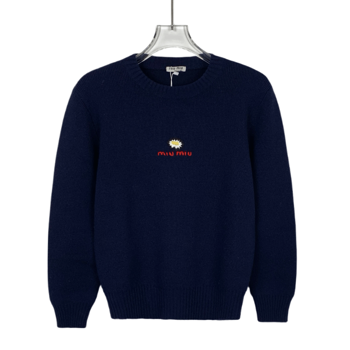 Miu Miu Miu Miu Navy Daisy Logo Wool Knit Sweater (Size S) Size S / US 4 / IT 40 - 1 Thumbnail