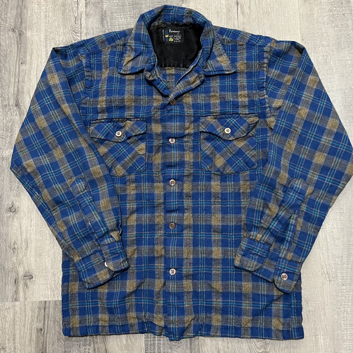JCPenney × Vintage VTG Penneys Plus Blue Plaid Loop Collar 60s Flannel Shirt Size US M / EU 48-50 / 2 - 1 Thumbnail