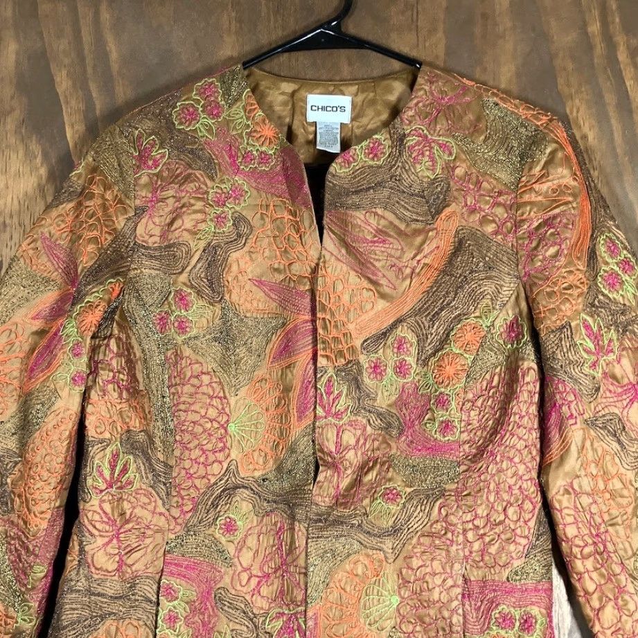 Vintage Chicos Jacket Orange Brown Floral Embroidered Hook & Eye Closure S Womens Mid-Length Regular Jacket Womens Size S / US 4 / IT 40 - 2 Thumbnail