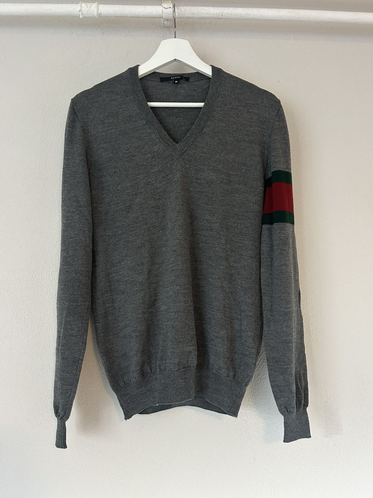Gucci Grey V-Neck Wool Sweater with Web Arm Detail Size US M / EU 48-50 / 2 - 1 Thumbnail
