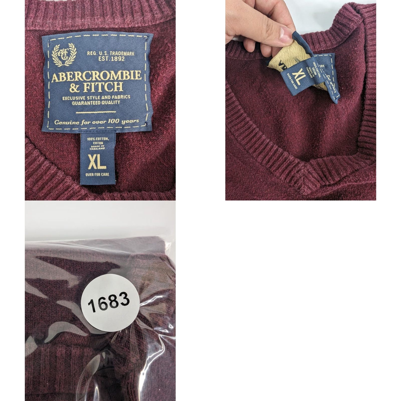 Abercrombie & Fitch Abercrombie & Fitch Sweater Pullover V-Neck Long Sleeve Men's XL 100% Cotton Burgundy Red Knit Classic All Seasons Size US XL / EU 56 / 4 - 8 Thumbnail