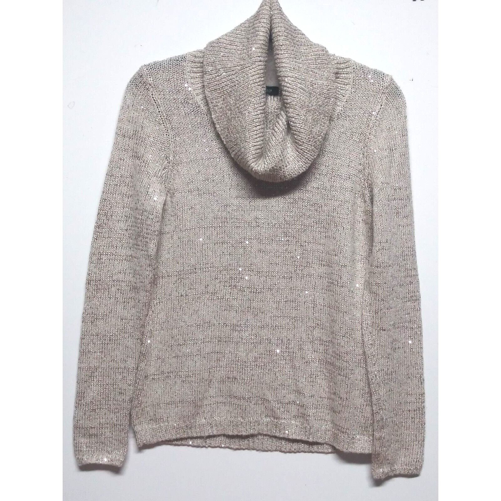 White House Black Market WHBM SEQUIN SWEATER Sz S taupe beige gold chic cowl neck lon Size S / US 4 / IT 40 - 1 Thumbnail