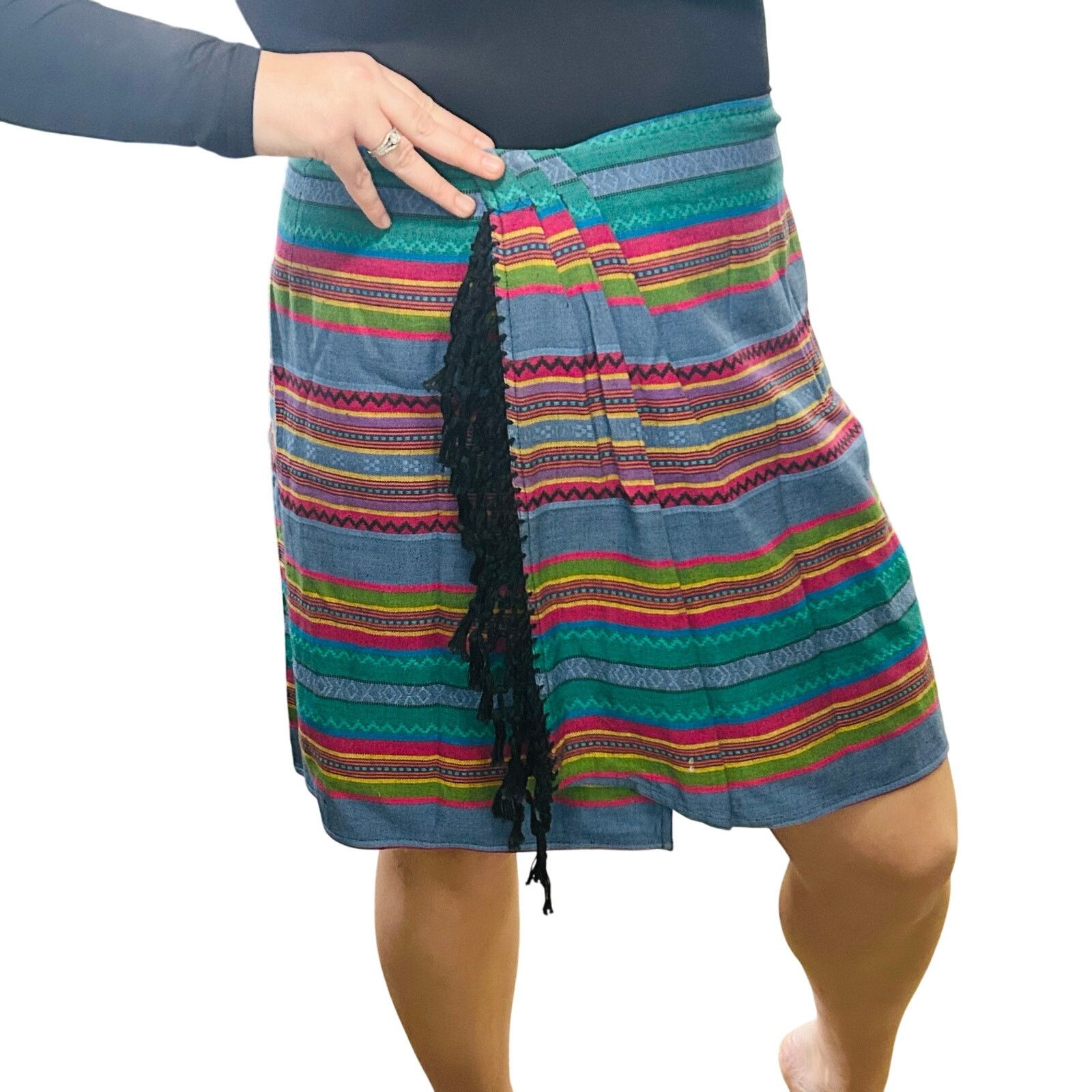 Vintage 90s Vintage Boho Mini Skirt Striped Fringe Cotton Large Size 31" - 1 Thumbnail