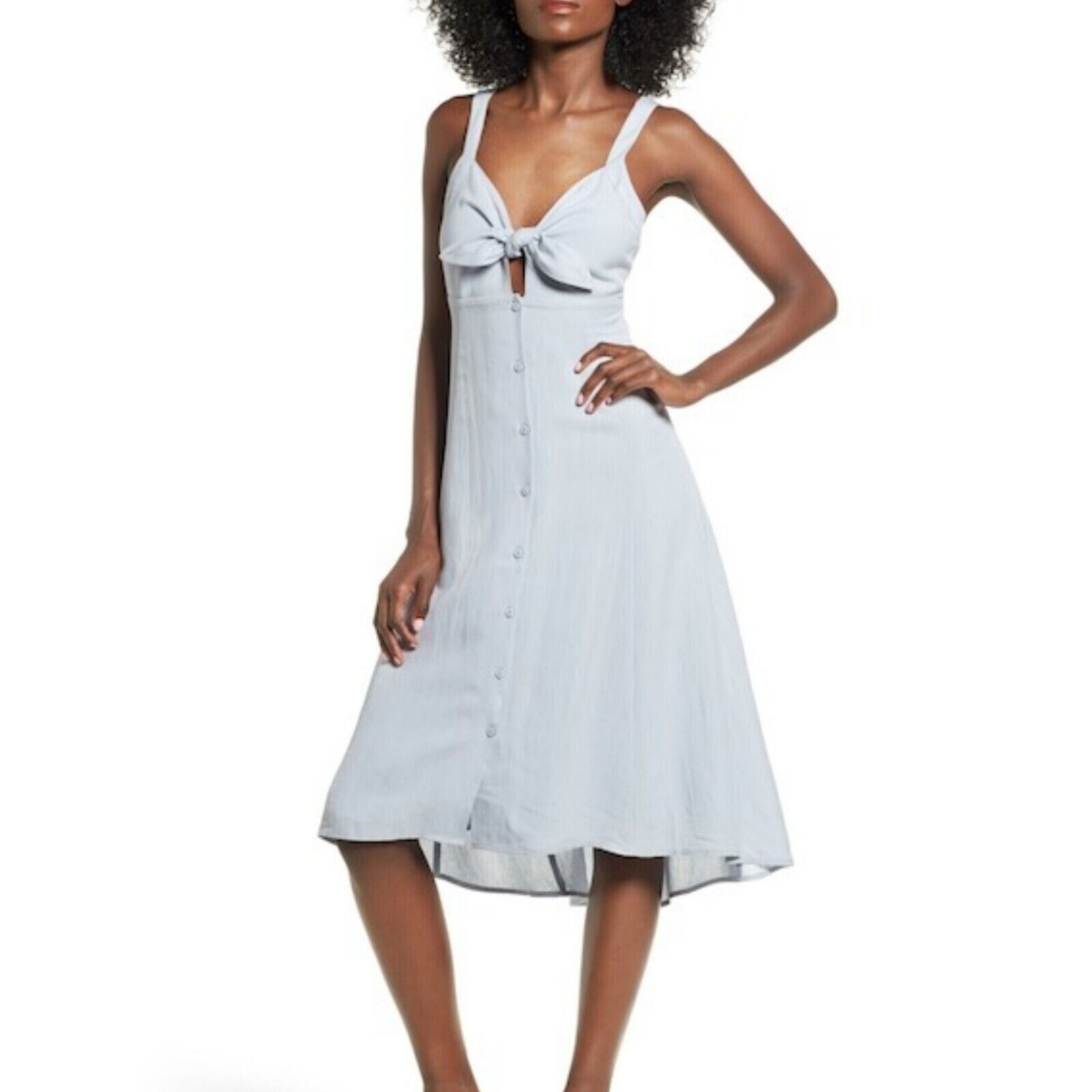 ASTR The Label Light Blue Denim Linen Tie Front Midi Dress M